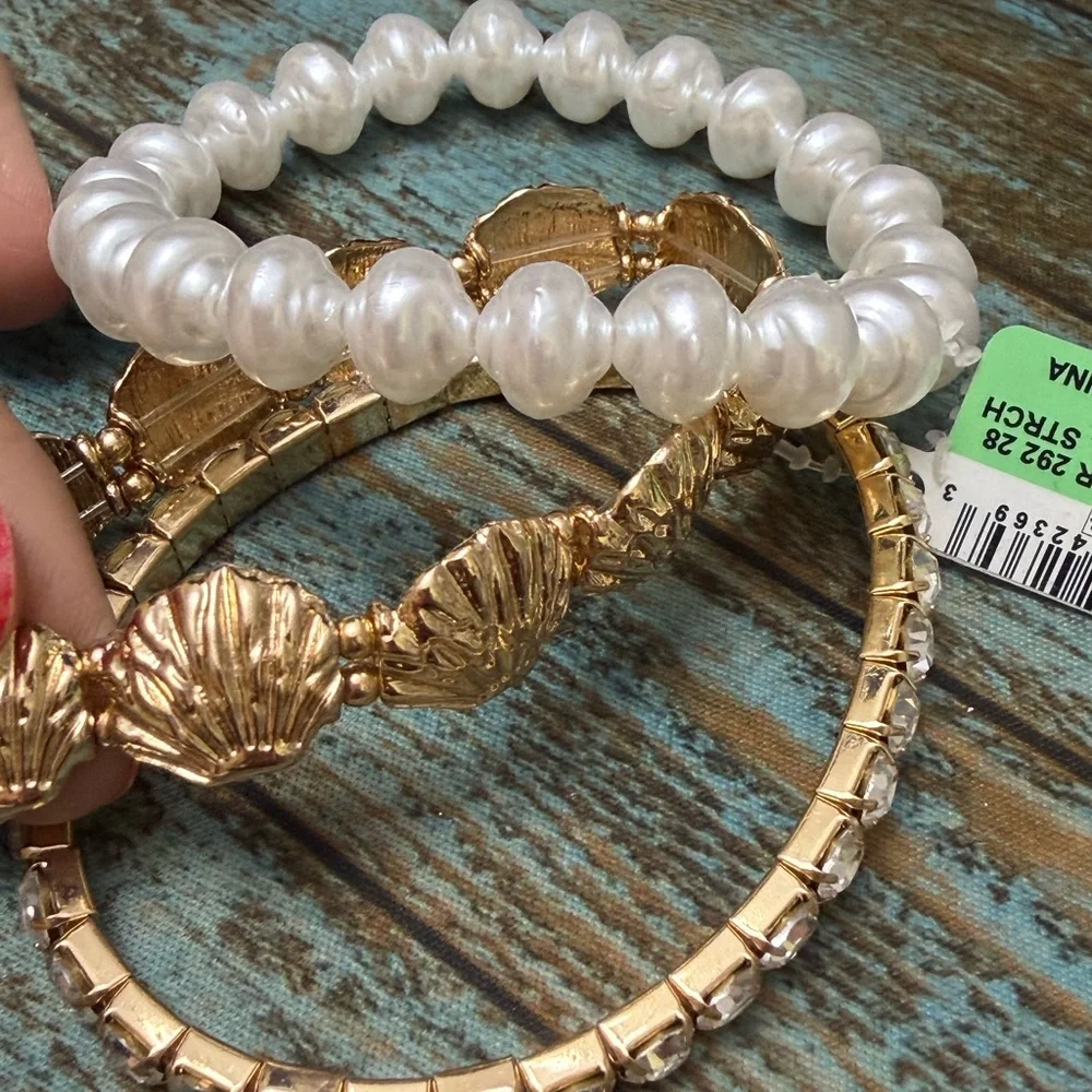 INC International Concepts Coastal Seashell White Faux Pearl Stretch Bracelets